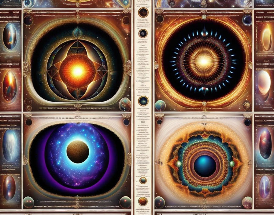 Fractal Eye Collage in Oranges, Blues, and Golds on Cosmic Background