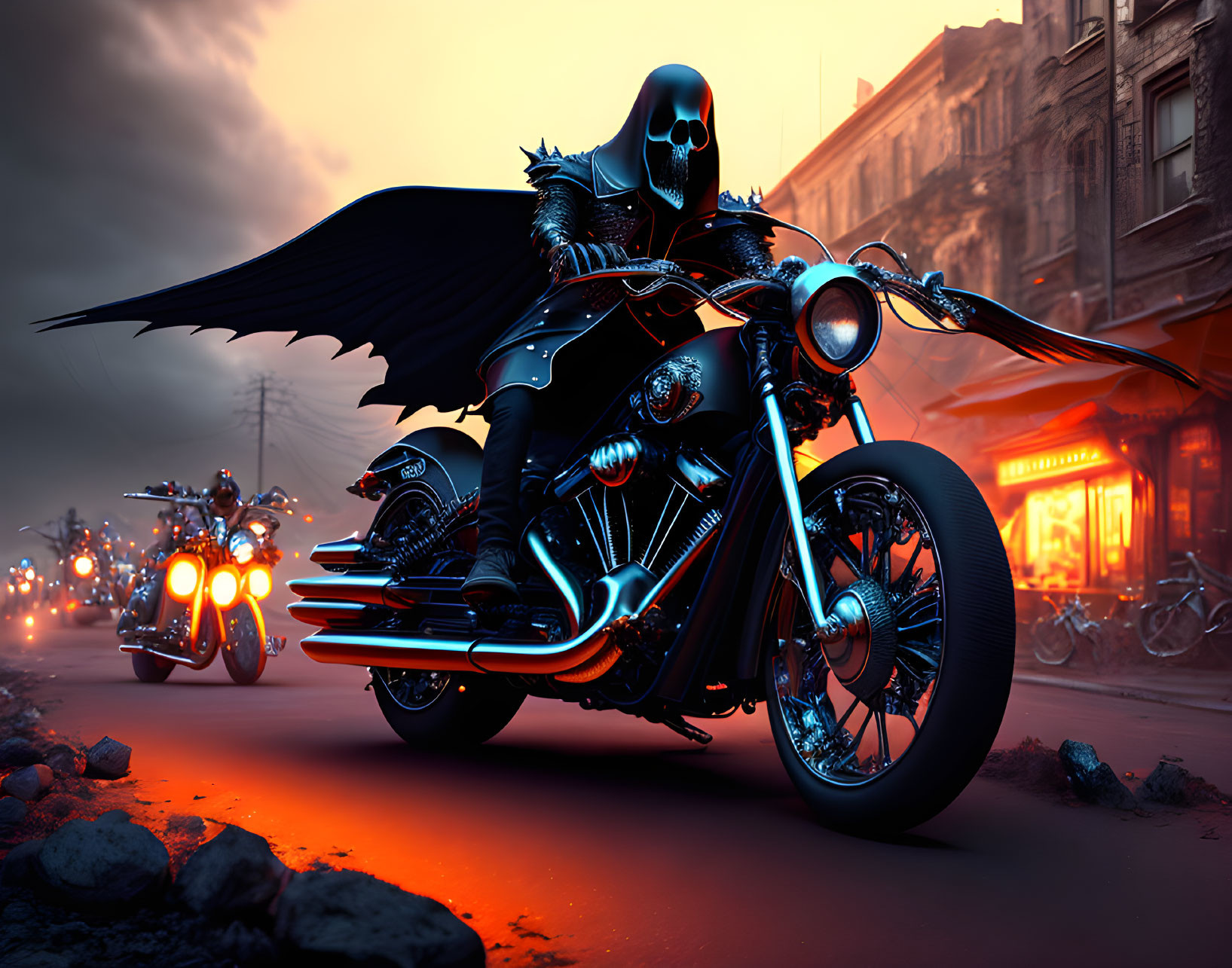 Menacing figure in black outfit with skull helmet rides custom motorcycle.