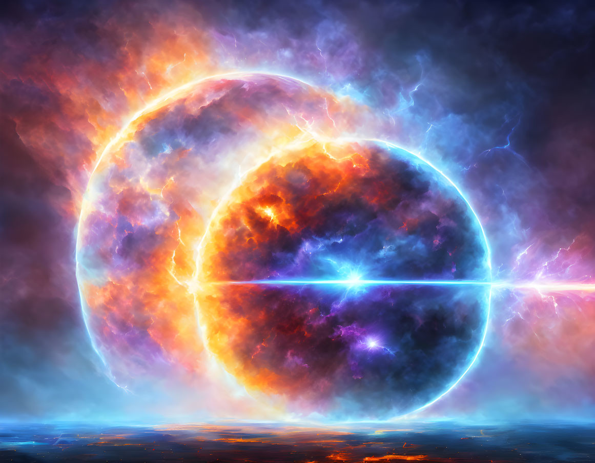 Colorful digital artwork: Cosmic scene of eclipsed fiery planet with blue energy beam in interstellar backdrop