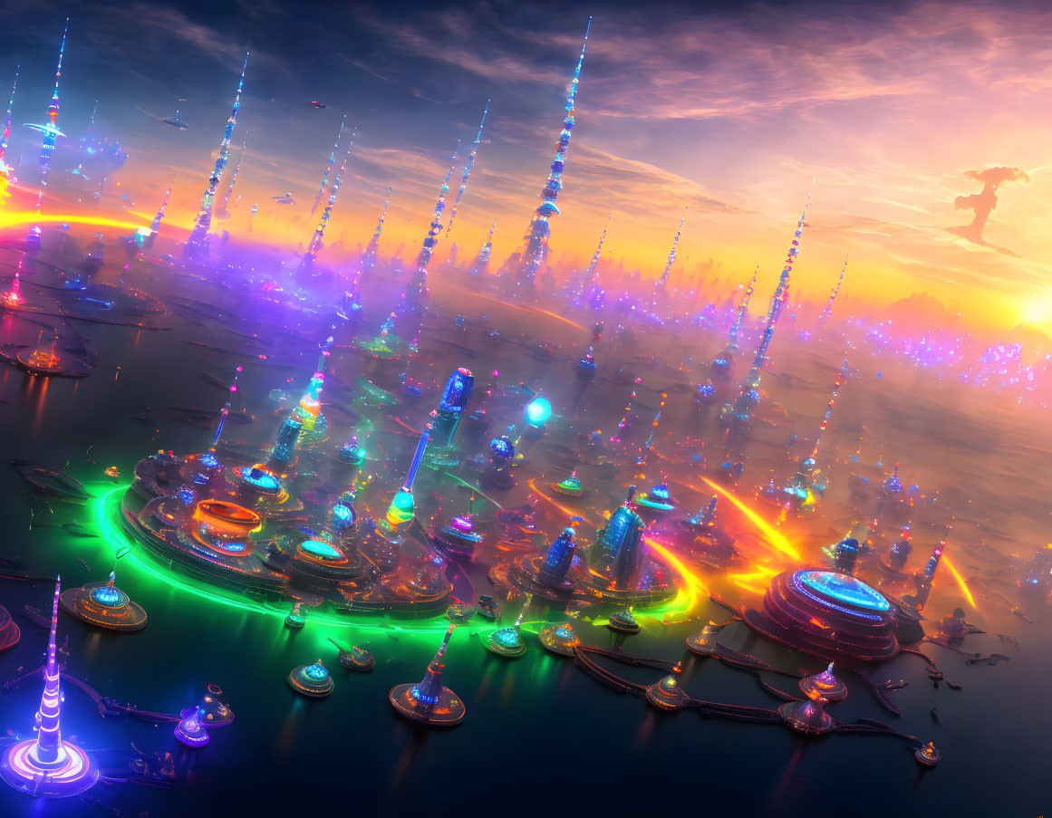 Futuristic Cityscape with Glowing Neon Lights