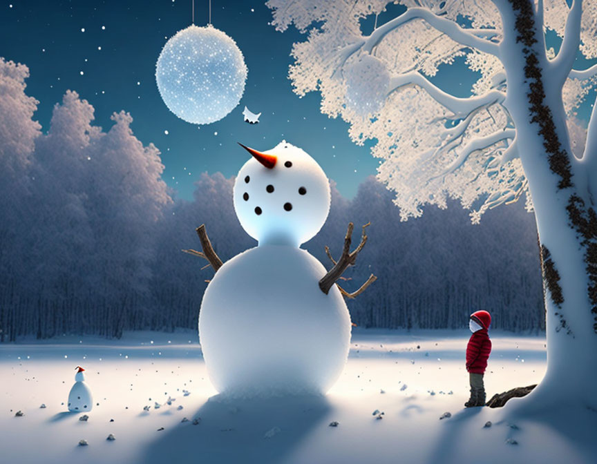 Snowman and child with glowing orb in winter night scene