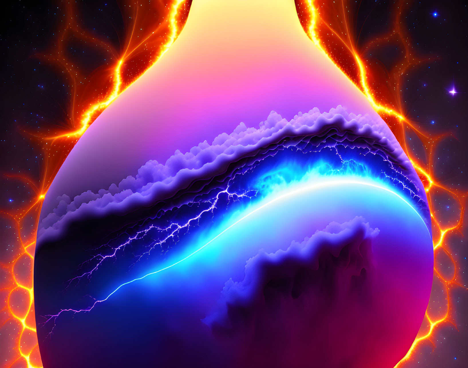 Surreal landscape digital artwork with vibrant colors and fiery cracks