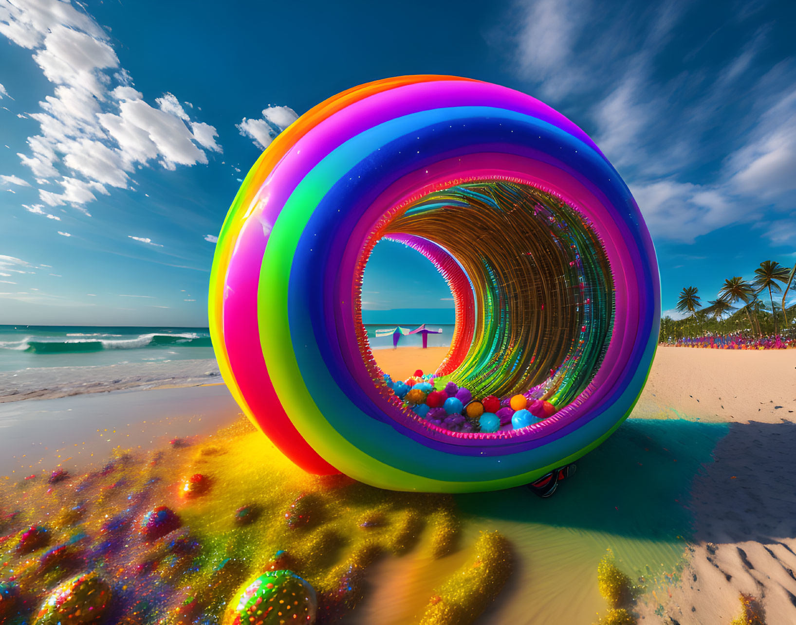 Vibrant oversized inflatable tube on sunny beach