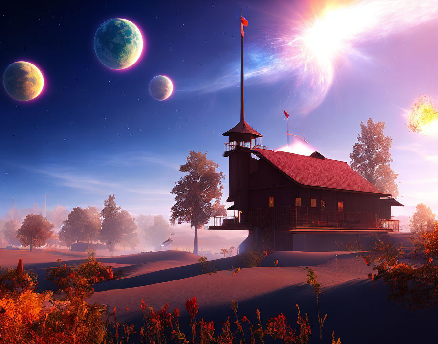 Fantasy landscape with house, moons, nebula, and flagpole at dusk