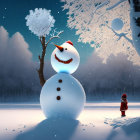 Snowman and child with glowing orb in winter night scene