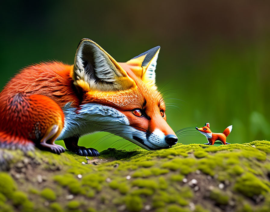 Realistic Fox Examines Miniature Replica on Mossy Surface