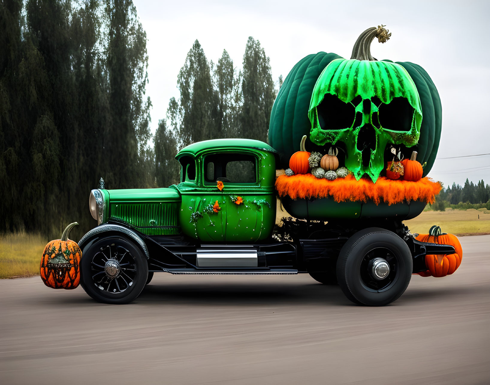 Vintage Green Car with Pumpkin Decor and Skull-Shaped Pumpkin Driving on Road