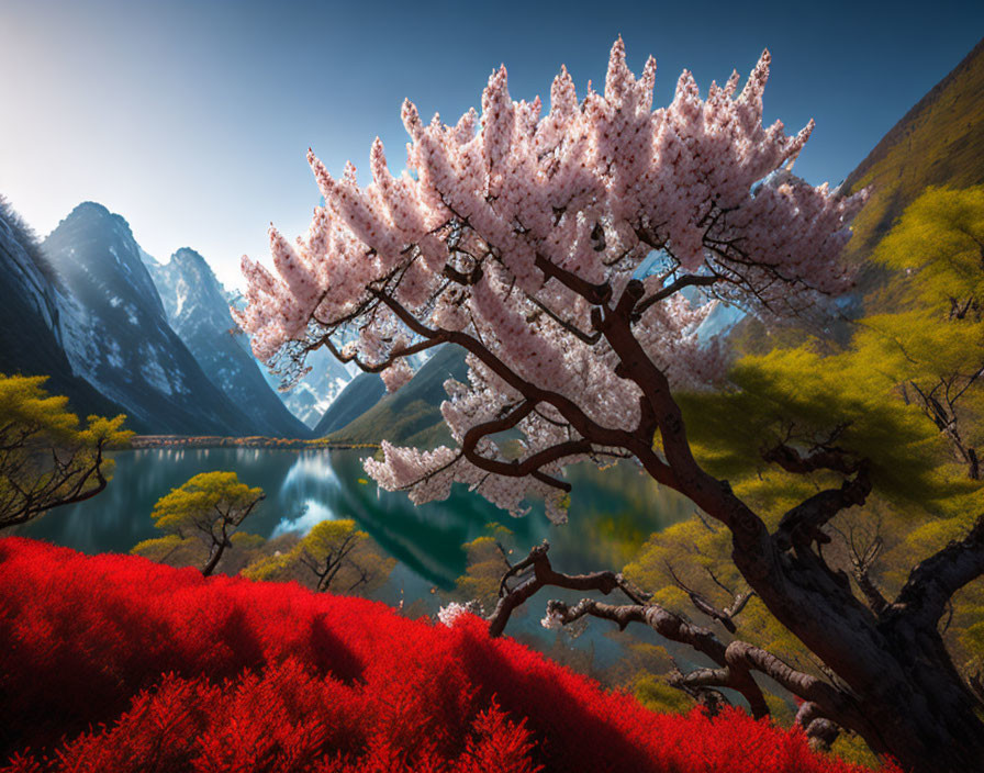 Scenic cherry blossom tree by lake with red foliage and mountains.