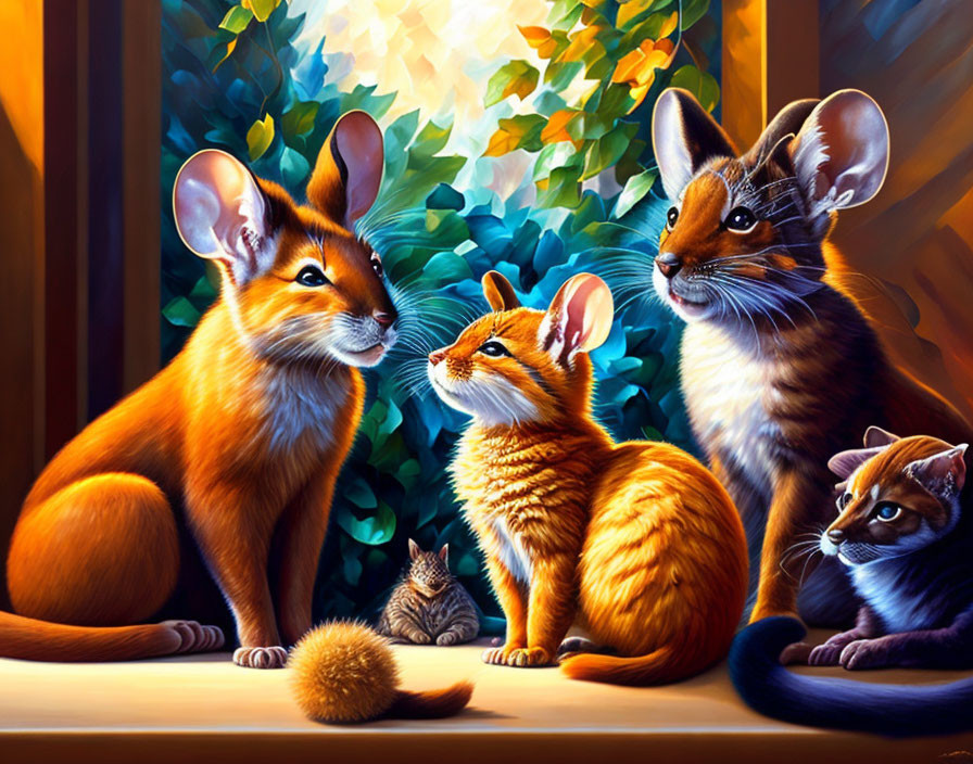 Colorful anthropomorphic animal painting with mouse, jerboa, fox, cat, and rodent.