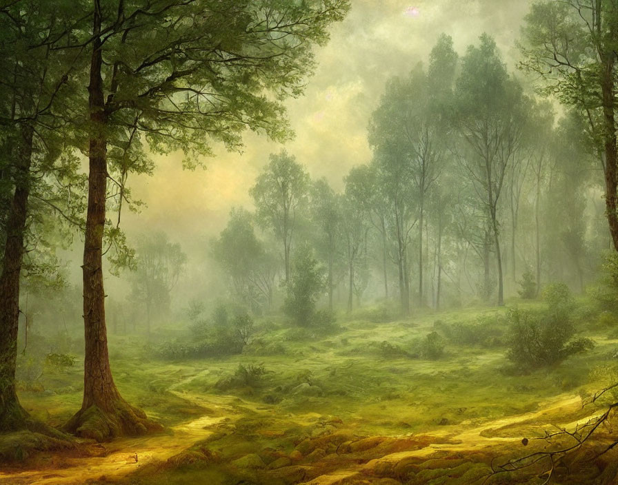 Enchanting forest scene with mist, towering trees, lush greenery