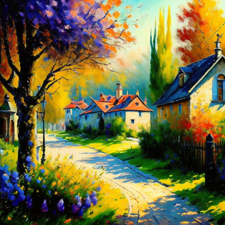 Colorful village painting with trees, flowers, and sunlight