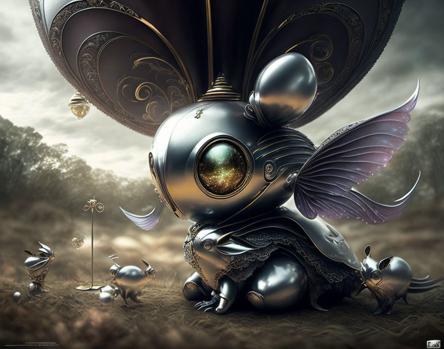 Steampunk-style mechanical rabbit with gears, wings, and robotic companions in a whimsical landscape