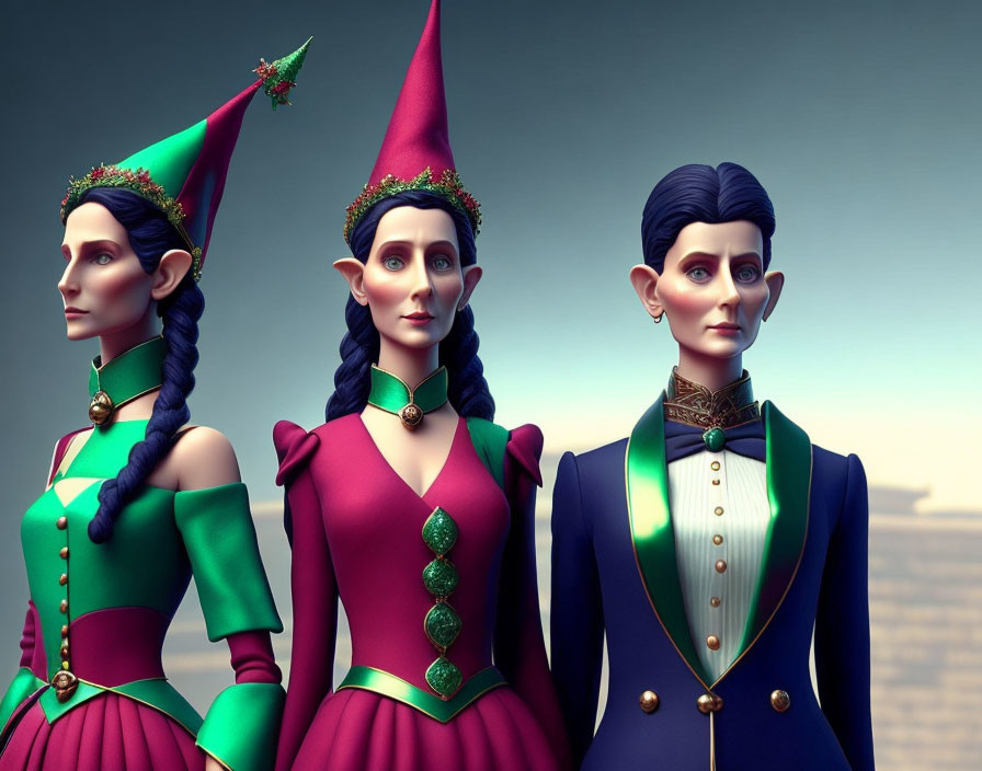 Three stylized animated elves in ornate clothing and pointed hats, standing against a soft-lit backdrop