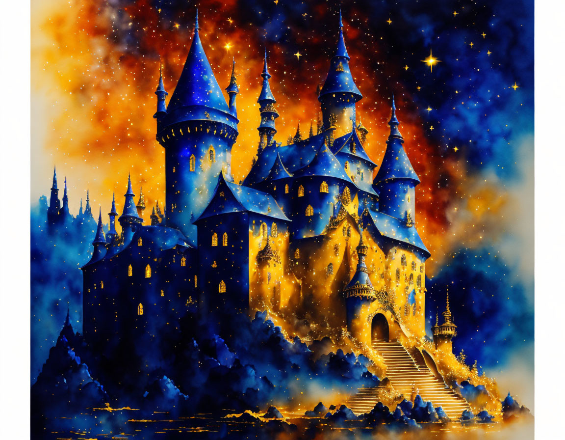 Castle with Blue Towers and Staircase under Starry Sky