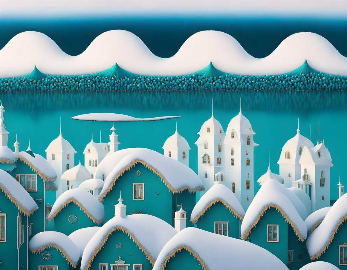 Whimsical snow-covered buildings in teal landscape