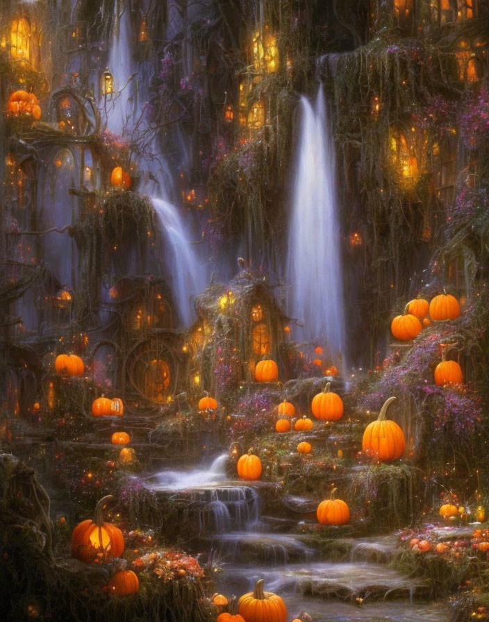 Enchanting forest scene with waterfall, treehouses, and glowing pumpkins