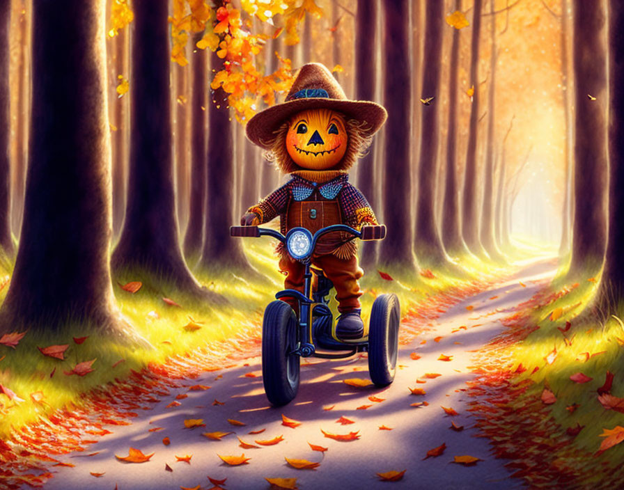 Whimsical pumpkin-headed scarecrow on tricycle in autumn forest