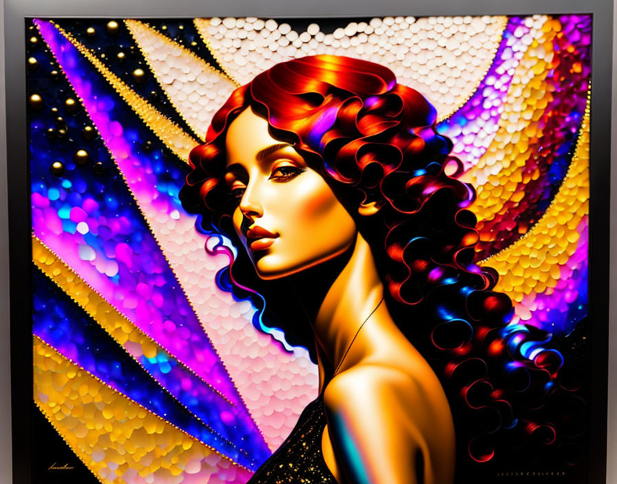 Stylized woman with curly hair on vibrant geometric backdrop