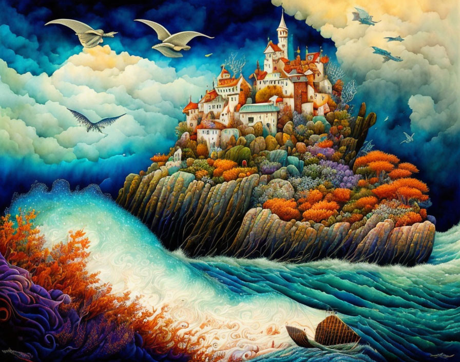 Colorful Cliffside Village Artwork with Swirling Sea and Cloudy Sky