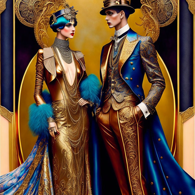 Stylized figures in ornate gold and blue vintage costumes against Art Nouveau background