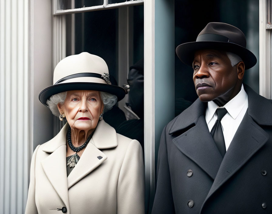 Sophisticated elderly woman and man in coats and hats, looking pensive by a window