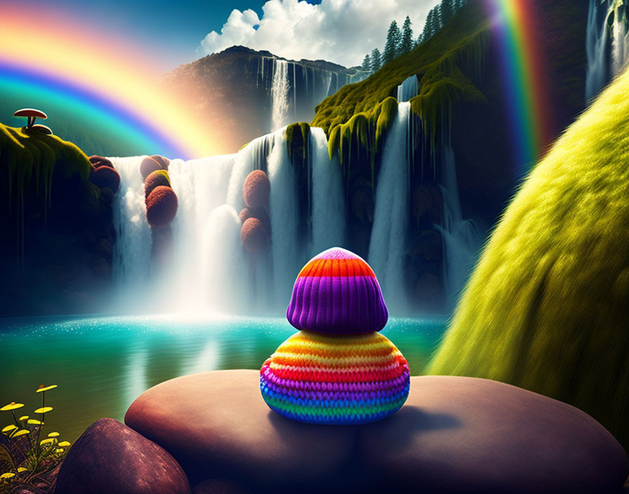 Colorful Scene: Rainbow, Waterfall, Lake, Knitted Hats, Mushrooms