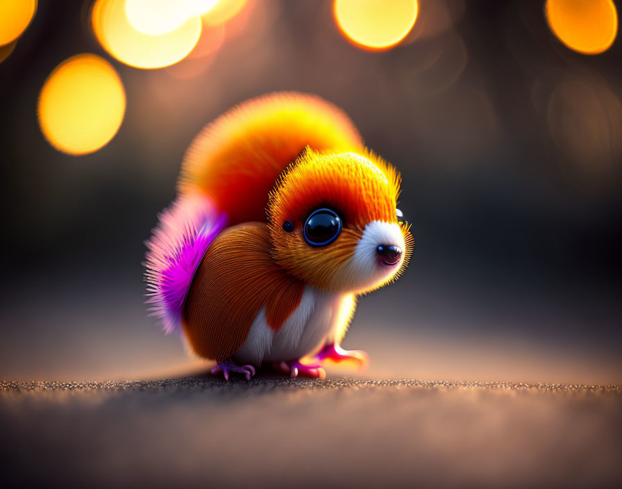 Vibrant orange fur cute squirrel creature in bokeh lights