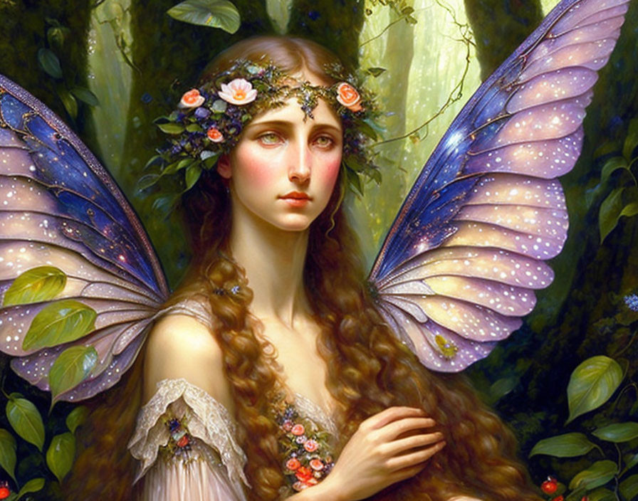 Female fairy fantasy illustration with brown hair, butterfly wings, floral crown, green forest.