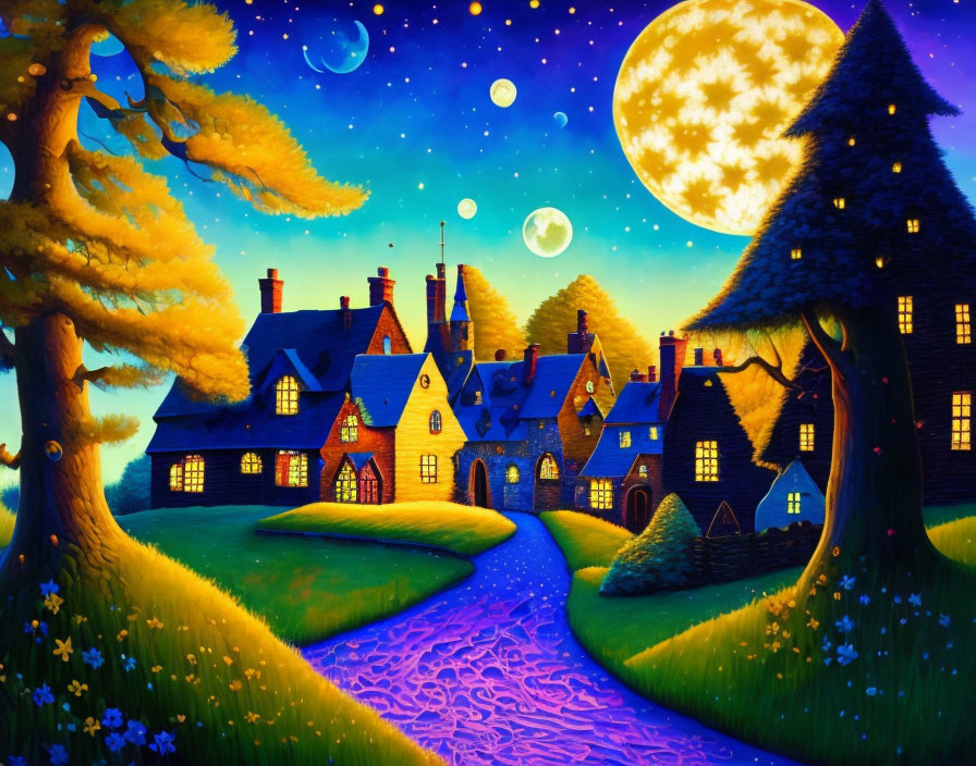 Whimsical night scene painting with glowing moon and colorful cottages