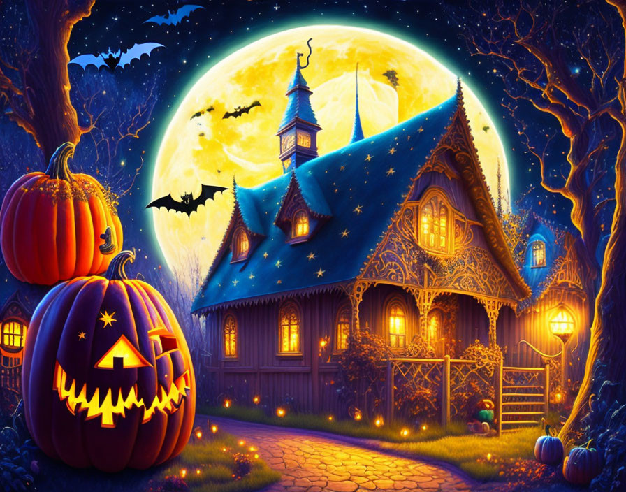 Spooky Halloween-themed illustration with jack-o'-lantern, bats, full moon, and autumn trees