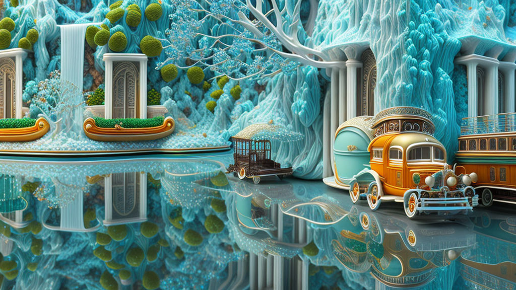 Surreal Artwork: Whimsical Vehicles, Classical Pillars, Greenery, Blue Organic