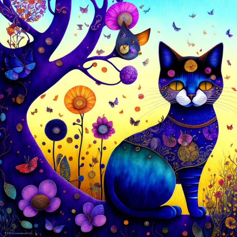 Whimsical large cat illustration with vibrant flowers