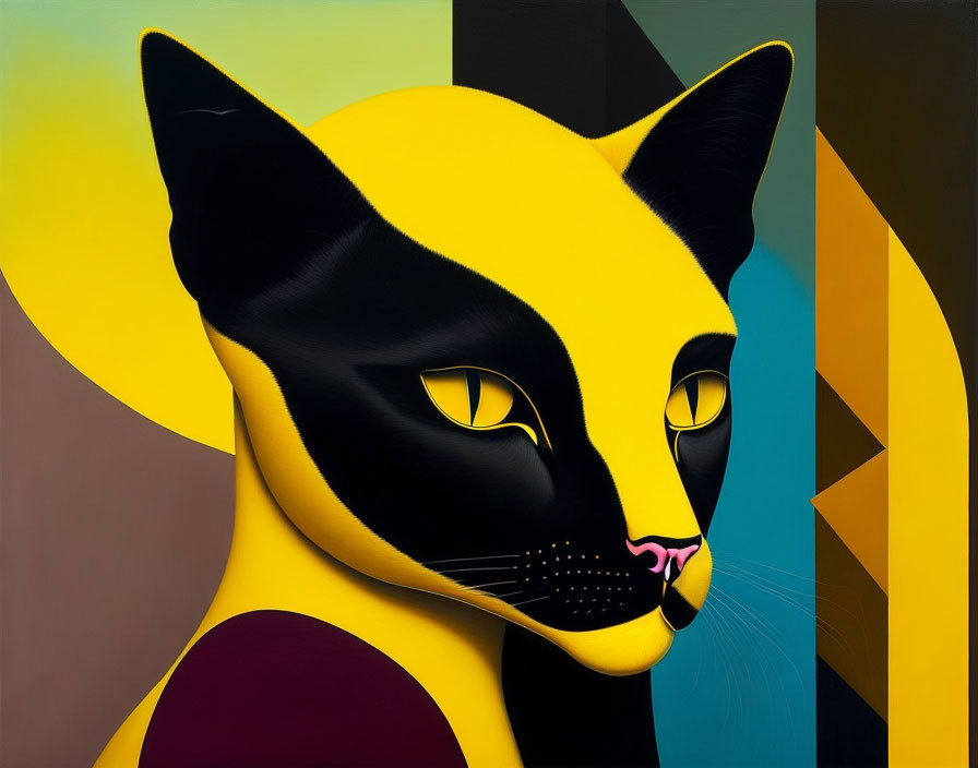 Abstract Two-Toned Cat Painting with Geometric Shapes