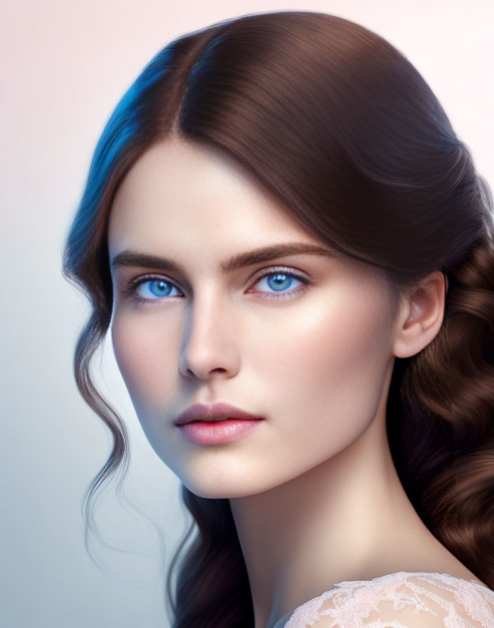 Portrait of woman with blue eyes and long brown hair in braid, set against pastel backdrop