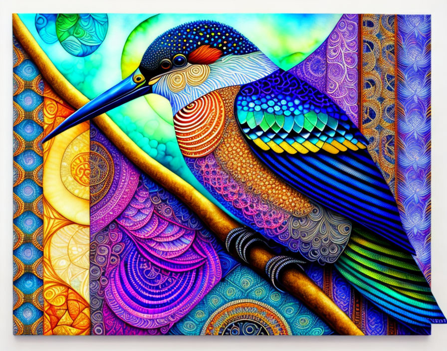 Colorful Stylized Bird Illustration with Geometric and Organic Patterns