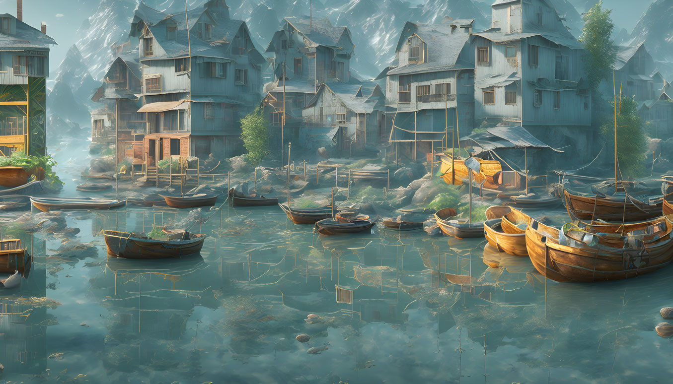 Picturesque village with wooden houses and boats on serene waterway and misty mountains.