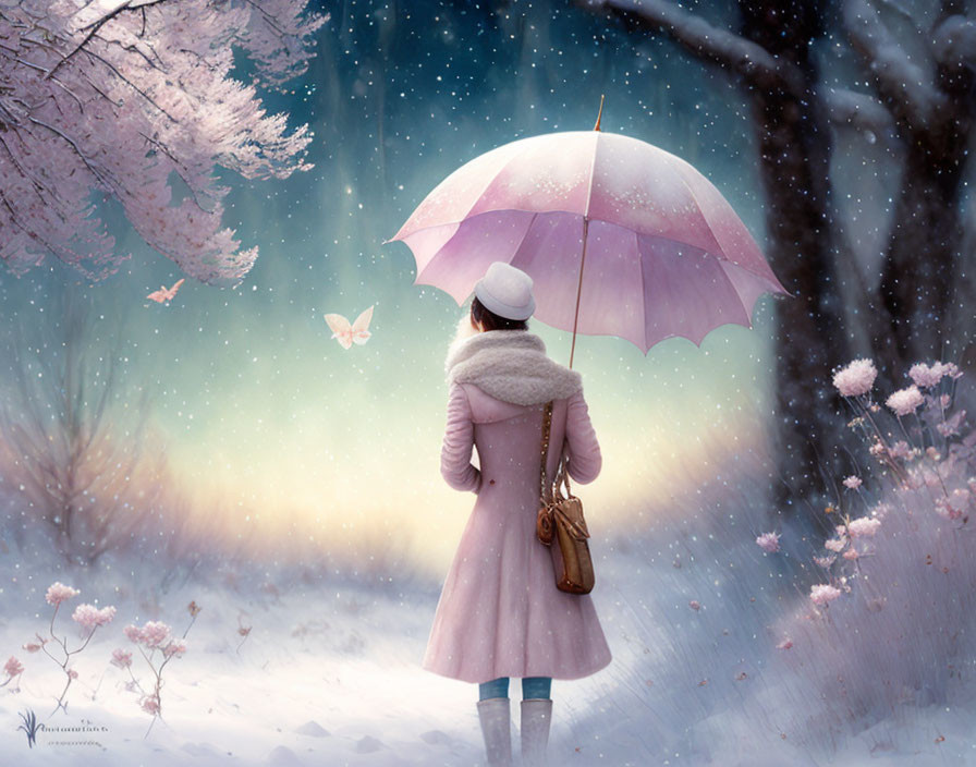 Person in Pink Coat with Pink Umbrella in Snowy Landscape