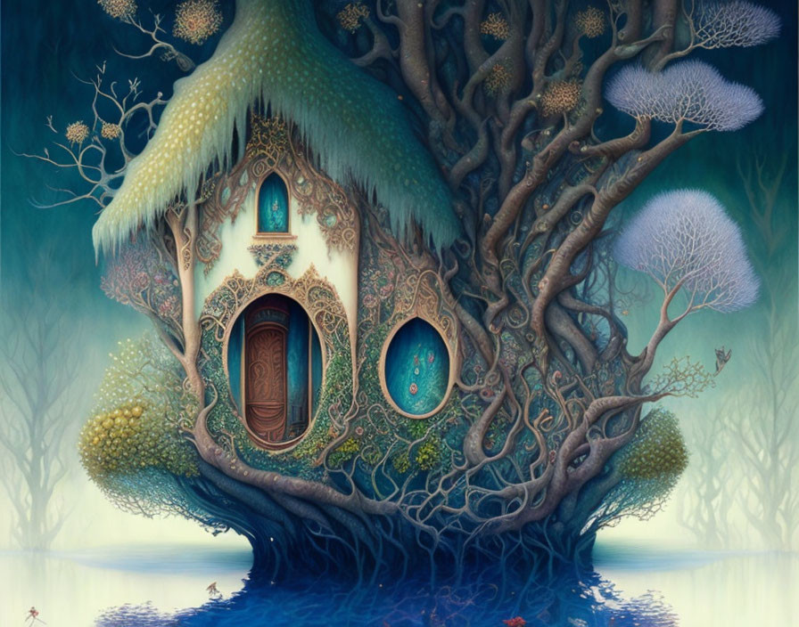 Illustration of ornate treehouse in magical tree by serene water