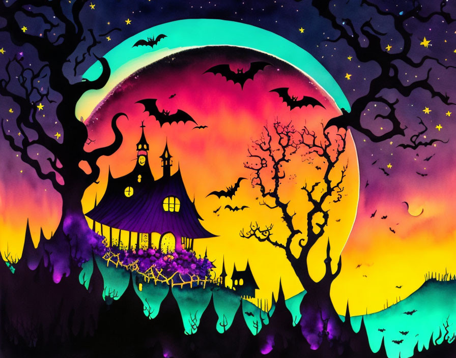 Detailed Haunted House Silhouette Illustration with Moon, Bats, Trees, and Sunset Sky