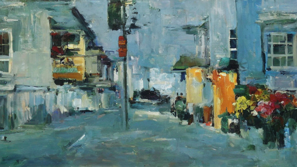 Vibrant Street Scene Oil Painting with Colorful Buildings