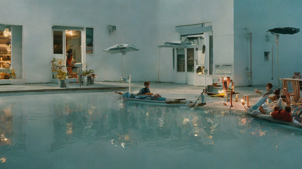 Tranquil poolside scene with lounging individuals and white-washed buildings