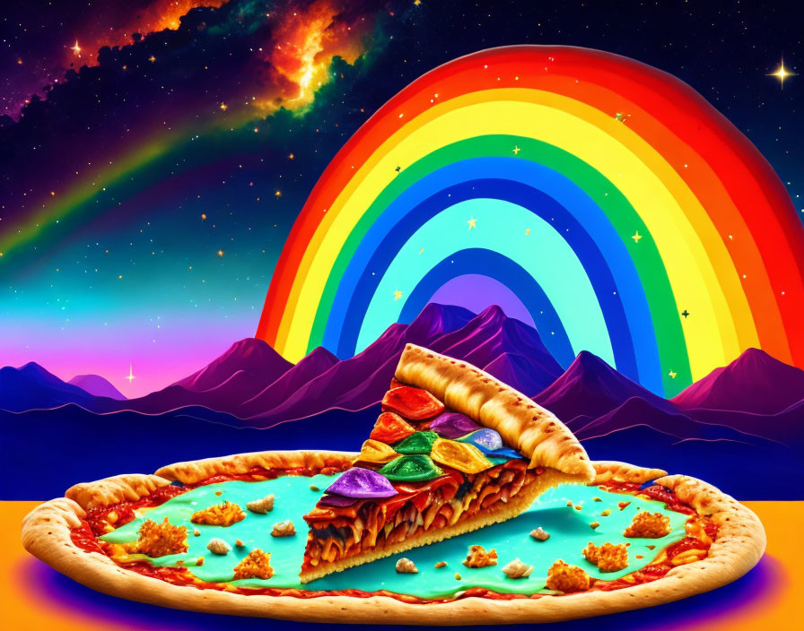 Colorful cosmic landscape with giant pizza slice and rainbows in surreal illustration