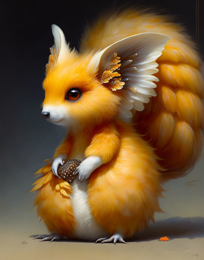 Fantasy creature with fox head, glowing wings, holding pine cone on dark background