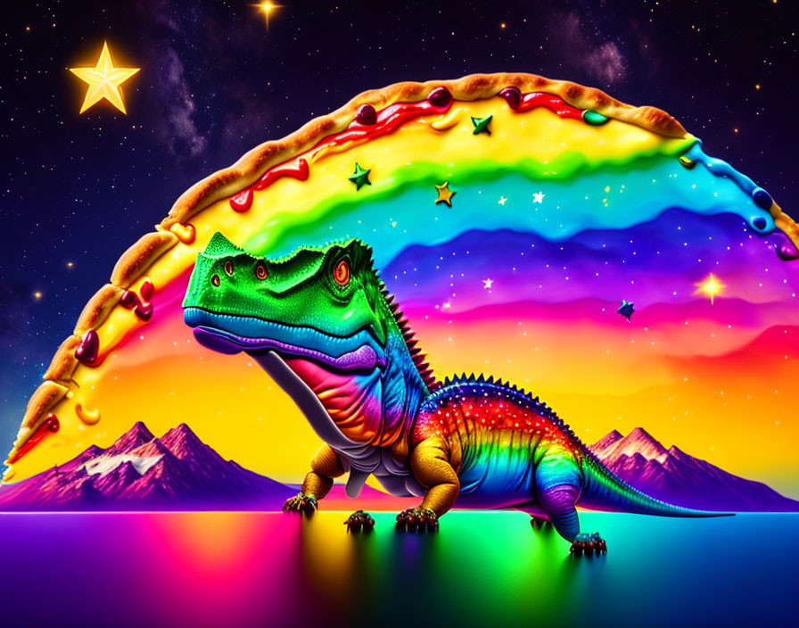 Colorful Dinosaur Artwork with Rainbow and Melting Elements in Twilight Sky