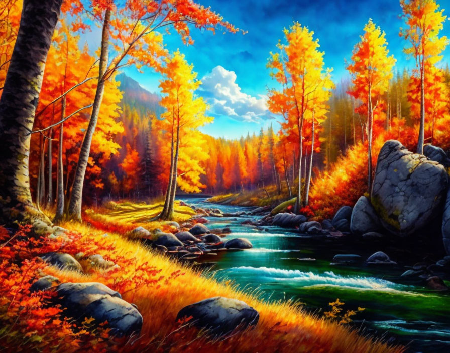 Colorful autumn forest painting with river and vibrant foliage