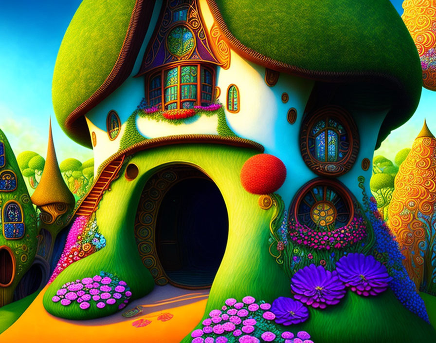 Fantasy mushroom house with vibrant flowers in magical forest