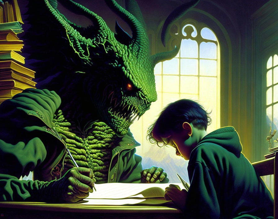 Dragon-like creature and boy reading and writing at a table in a room with arched windows