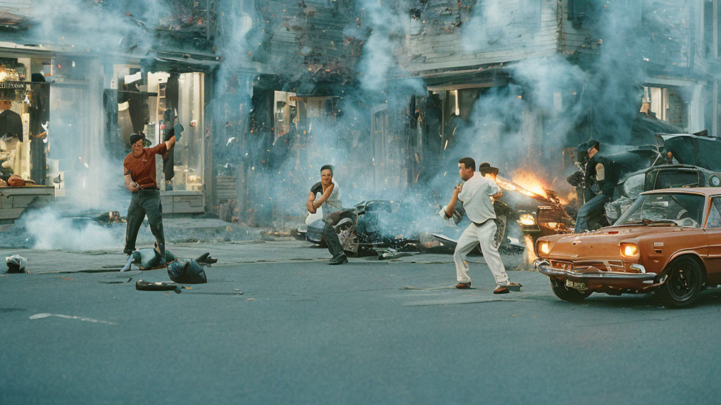 Chaotic street scene with burning building and running people.