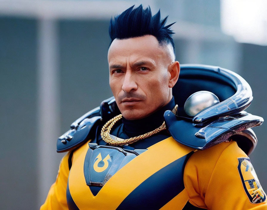 Futuristic superhero in blue and yellow costume with 'S' emblem and black mohawk