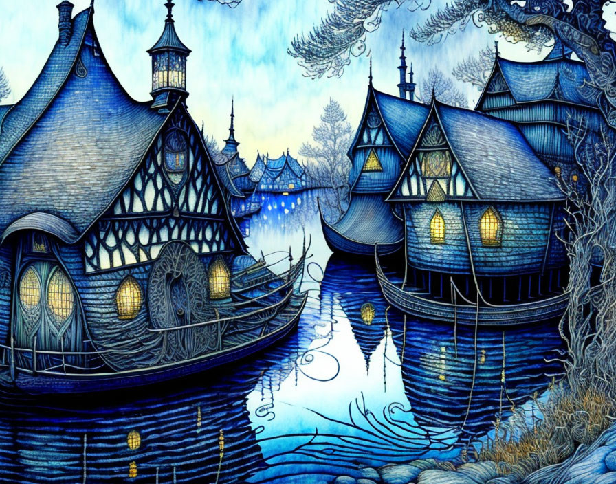 Whimsical illuminated village by serene water body